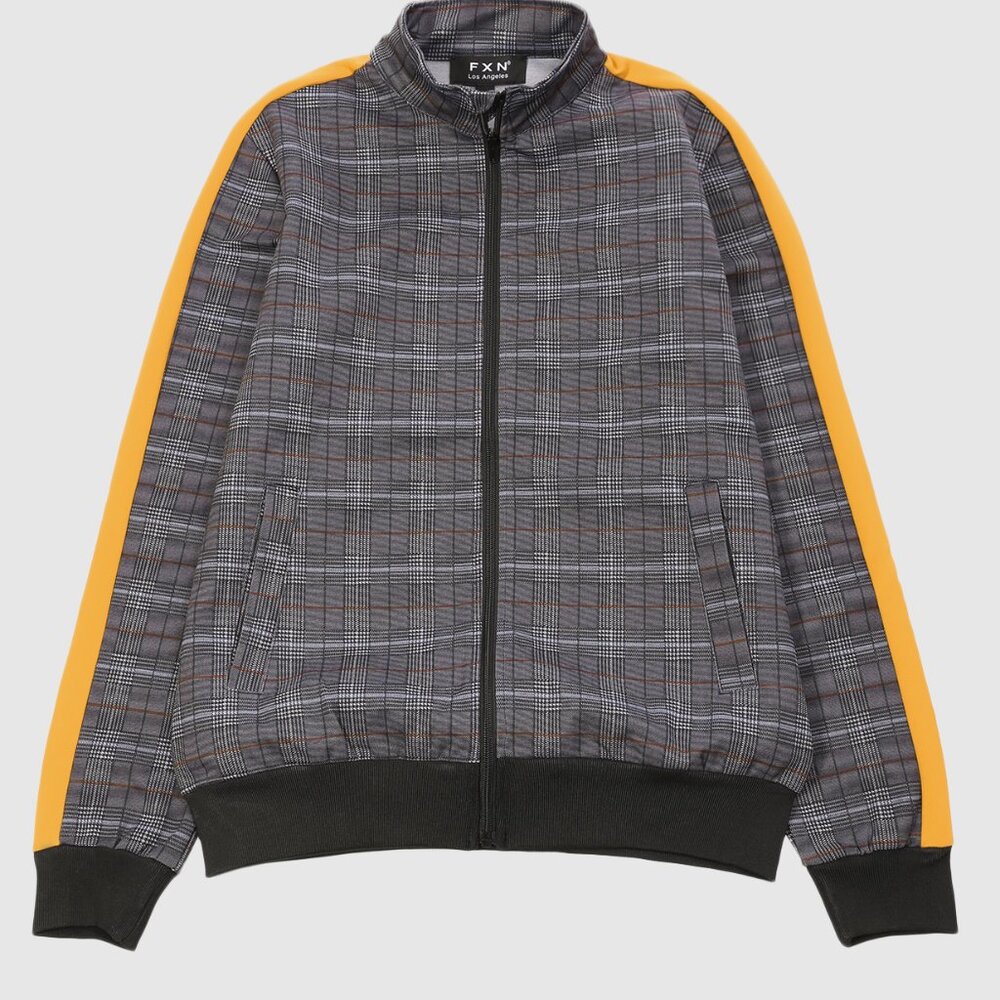 FXN Men's Plaid Track Jacket Grey Yellow Side Stripe Full Zip